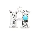 Vintage silver alloy letter H pendant with turquoise stone and Western engravings for jewelry DIY. - Letter H (40033)