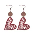 Handmade burgundy hollow leather heart earrings with dark wood circle accents for women - Wine Red (11424)
