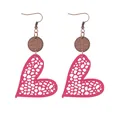 Bohemian fuchsia pink hollow mesh leather heart drop earrings with wooden disc accents - Peach Pink (11425)