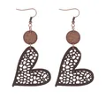 Vintage brown hollow heart leather drop earrings with wooden disk accents for women - Dark Brown (11426)