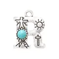 Vintage silver alloy letter R pendant with turquoise stone and engraved religious symbols. - Letter R (40040)