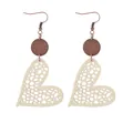 Elegant cream heart-shaped hollow mesh earrings with brown wooden circular accents - Off White (11429)