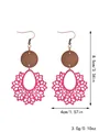 Bohemian style pink lace hollow earrings with round wood disks including size details - Rose Red (11485)
