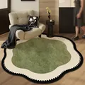 Elegant vintage French style green and cream irregular round rug for luxury living room decor - Diameter 50CM / Ink Shadow Scalloped