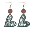Elegant green hollowed-out leather heart drop earrings with rustic wooden disc detail - Dark Green (11430)