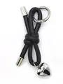 Minimalist black leather cord keychain featuring a silver heart pendant and bow knot design - Woven Lanyard (21681)