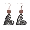 Fashionable hollow mesh leather heart drop earrings with elegant wooden disc accents - Black (11423)