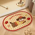 Alfombra de baño de lino absorbente con un lindo diseño de cachorro y cuadros amarillos - Ovalado / 40*60cm / Perro Amarillo