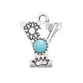 Retro alloy letter Y charm pendant with bark texture and round turquoise stone inlay - Letter Y (40065)