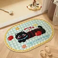 Tappeto da bagno ovale in lino assorbente con un simpatico gatto nero e motivi floreali - Ellisse / 40*60cm / Gatto Nero