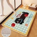 Tappetino da bagno in lino intrecciato con gatto carino e sfondo a scacchi verde chiaro - Angoli Arrotondati / 40*60cm / Gatto Nero