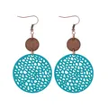 Boucles d'oreilles pendantes vintage en cuir ajouré et bois coloris turquoise et marron - Style (11779)