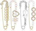 Set of decorative metal safety pins with pearls and rhinestones for clothing adjustment - Four-Piece Set / Gold / Silver Set