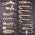 Set of 15 decorative gold safety pins with faux pearls and rhinestones for clothes - 15pcs / Gold Series Combination