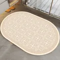 Elegant oval absorbent bath mat with American vintage floral pattern on grey bathroom floor - American Style I (Cream/Beige Floral)