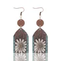 Bohemian western style wooden drop earrings featuring a vintage white daisy floral pattern - White Daisy Pattern (11697)