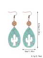 Western style teardrop wooden earrings with cactus cutout and size details - Cactus Hollow Turquoise Tone (11701)