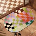 Tappetino da bagno in terra di diatomee a scacchi colorati, assorbente e morbido - Ovale / 40*60cm (Standard 2.5MM) / Divertimento Griglia a Contrasto