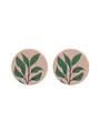 Minimalist round wooden stud earrings with green leaf pattern on natural wood base - Wood Color Leaf Pattern (11683)