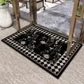High-end retro black silk loop doormat with floral pattern and checkered border at entrance - 40*60cm / Vintage Style D (Rectangular)