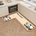 Cream-colored L-shaped kitchen mat featuring cute panda design and Happy Moment slogan - L-Shaped 80*120cm / Left Side English / Panda Kitchen Style B