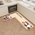 Cream-colored L-shaped kitchen mat featuring a cute cartoon panda and heart design - L-Shaped 80*120cm / Left Side English / Panda Kitchen Style C