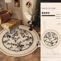Vintage French chic round rug with black floral pattern for living room - Diameter 60cm / Ink Branch Garland