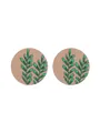 Minimalist round wooden stud earrings with green leaf pattern and natural wood grain texture - Green Leaves Pattern (11686)