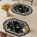 Elegant French vintage floral leather placemat with checkerboard border, heat resistant - Style D (Irregular Shape) / 30x50cm