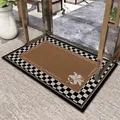 Retro checkered silk loop entrance doormat with floral design and text in brown color - Mid-Century Vintage Style F (Rectangular)