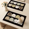 Vintage luxury leather placemats with bird and floral pattern design in black and beige - Light Luxury Patchwork Style E