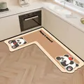 Cute panda L-shaped cream kitchen mat with Happy moment text and non-slip backing - L-Shaped 80*120cm / Left Side English / Panda Kitchen Style E
