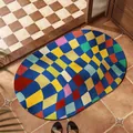 Tappetino da bagno ovale colorato a scacchi in farina fossile assorbente e morbido - Ovale / 40*60cm (Standard 2.5MM) / Ritmo Griglia in Tono Blu