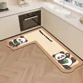Cream-colored L-shaped kitchen mat with cute cartoon panda designs and Happy moment text - L-Shaped 80*120cm / Left Side English / Panda Kitchen Style A