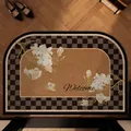 Paillasson vintage semi-circulaire à damier avec motif floral de magnolia et Welcome - Entrée Vintage - Style E (Grands coins arrondis)