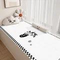 Elegant creamy style velvet bay window mat with black floral print and checkered border - 40*80cm / Cream Cartoon Style F