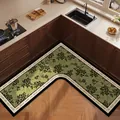 L-shaped floral kitchen mat with anti-slip oil-proof absorbent design for corner floors - 60*60cm / Lush Green Square L-Shape