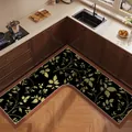 Luxurious L-shaped kitchen mat featuring a chic gold leaf pattern on a sleek black base - 60*60cm / Secret Leaf Square L-Shape