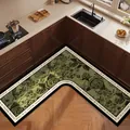L-shaped floral kitchen mat with Everyone deserves to be loved text border decor - 60*60cm / Elegant Green Square L-Shape