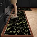 Anti-slip kitchen floor mat set with elegant green leaf pattern on black background - 40*60cm / Deep Leaves