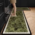 Elegant olive green kitchen floor mat with vintage rose pattern and border quote - 40*60cm / Brocade Green