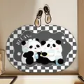 Cute oval cartoon panda anti-slip absorbent bath mat with grey checkerboard border - Ellipse / 40*60cm (Regular Style) / Bathing with Bubbles Pattern