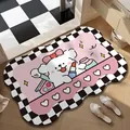 Tappetino da bagno carino con cane cartoon e cuori rosa con bordo a scacchi chic - 40*60cm Pelle Assorbente / Bella-Scacchiera Ondulata