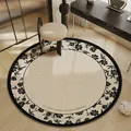 Elegant round Belgian velvet rug with black floral border for vanity or bedroom - Diameter 60cm / Rhythmic Floral Script [Round]