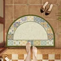Retro semi-circle bathroom mat with vintage tile pattern on brown tile floor - Colorful Tile - Semi-circle