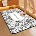 Absorbent floral bathroom floor mat with SHOWER text and non-slip rubber backing - New American Style-C (Rectangular) / 2.5mm Regular Version / Black and White / 40*60cm