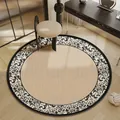 Elegant round Belgian velvet rug with decorative black floral border for vanity chair mat - Diameter 60cm / Vine Carved