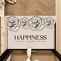 Creamy silk loop entryway doormat with elegant black rose patterns and Happiness text - Morning Flower Whisper - Light Base / 40*60cm