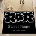 Black floral silk loop entrance mat with 'Sweet Home' quote for modern home decor - 40*60cm / Black base with white floral line design