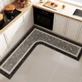 L-shaped absorbent leather kitchen mat with grey marble pattern for corner floor - 70*70cm / Dark Gray Marble